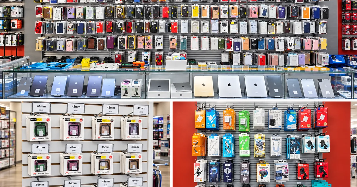 Phone accessories wall at College Park Wireless